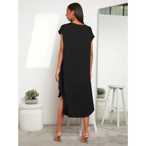 short sleeve Hi low Notched v neck Dip Hem midi Dress red - Picture 5 of 8